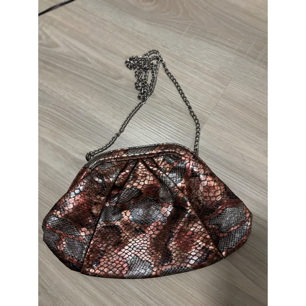 Jessica McClintock Snakeskin Metallic Clutch Evening Bag Silver Rose‎ Gold